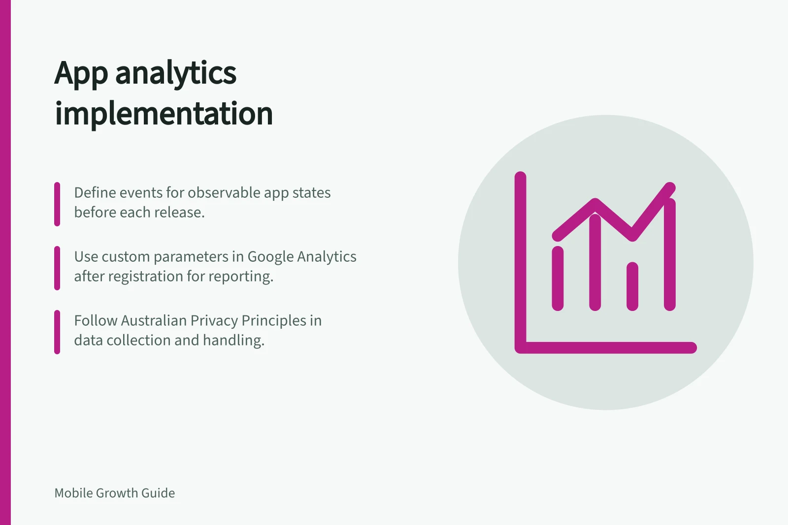 App analytics implementation: Define events for observable app states before each release.; Use custom parameters in Google Analytics after registration for reporting.; Follow Australian Privacy Principles in data collection and handling.