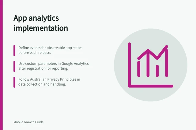 App analytics implementation: Define events for observable app states before each release.; Use custom parameters in Google Analytics after registration for reporting.; Follow Australian Privacy Principles in data collection and handling. App analytics implementation