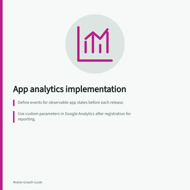 App analytics implementation: Define events for observable app states before each release.; Use custom parameters in Google Analytics after registration for reporting.; Follow Australian Privacy Principles in data collection and handling. App analytics implementation