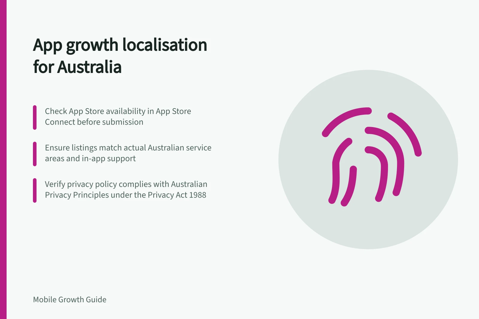 App growth localisation for Australia: Check App Store availability in App Store Connect before submission; Ensure listings match actual Australian service areas and in-app support; Verify privacy policy complies with Australian Privacy Principles under the Privacy Act 1988