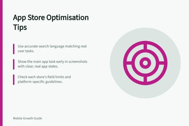 App Store Optimisation Tips: Use accurate search language matching real user tasks.; Show the main app task early in screenshots with clear, real app states.; Check each store's field limits and platform-specific guidelines. App store optimisation