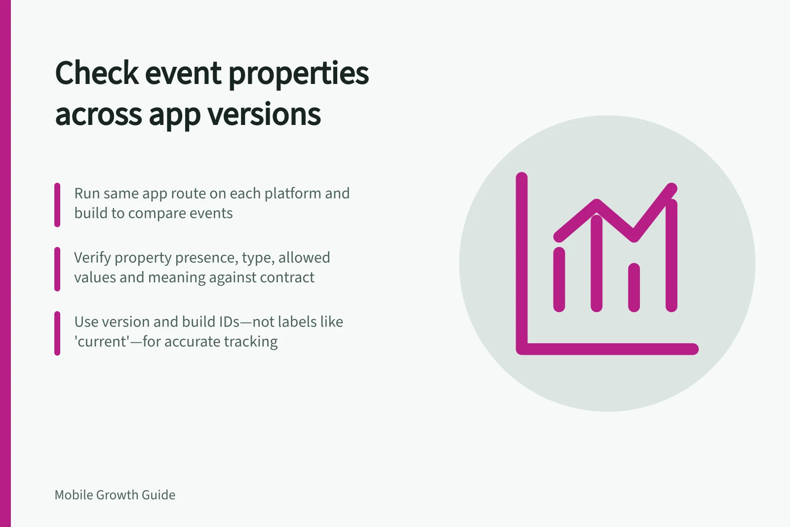 Check event properties across app versions: Run same app route on each platform and build to compare events; Verify property presence, type, allowed values and meaning against contract; Use version and build IDs—not labels like 'current'—for accurate tracking