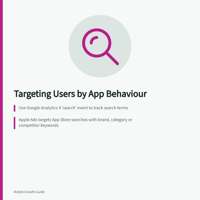 Targeting Users by App Behaviour: Use Google Analytics 4 'search' event to track search terms; Apple Ads targets App Store searches with brand, category or competitor keywords; Google App campaigns run in Play Store, Search, YouTube and Discover. Choosing app advertising channels by target user behaviour