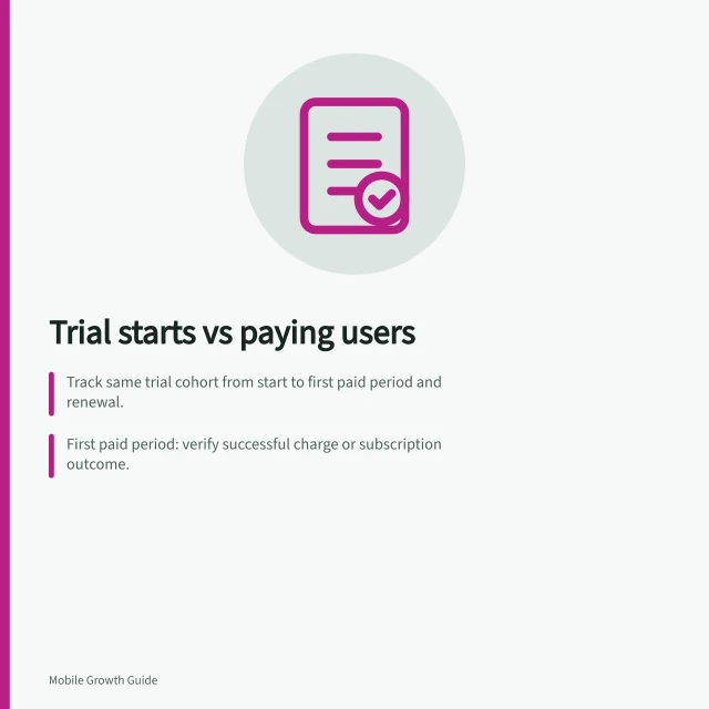 Trial starts vs paying users: Track same trial cohort from start to first paid period and renewal.; First paid period: verify successful charge or subscription outcome.; Later renewal rate: divide renewals by those who reached first paid period. Comparing trial starts with retained paying users