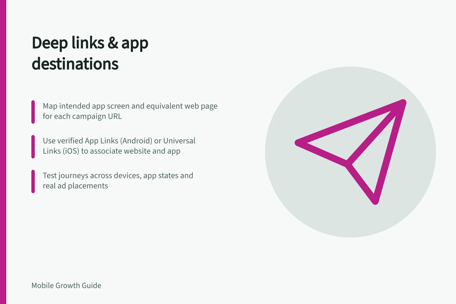 Deep links & app destinations: Map intended app screen and equivalent web page for each campaign URL; Use verified App Links (Android) or Universal Links (iOS) to associate website and app; Test journeys across devices, app states and real ad placements