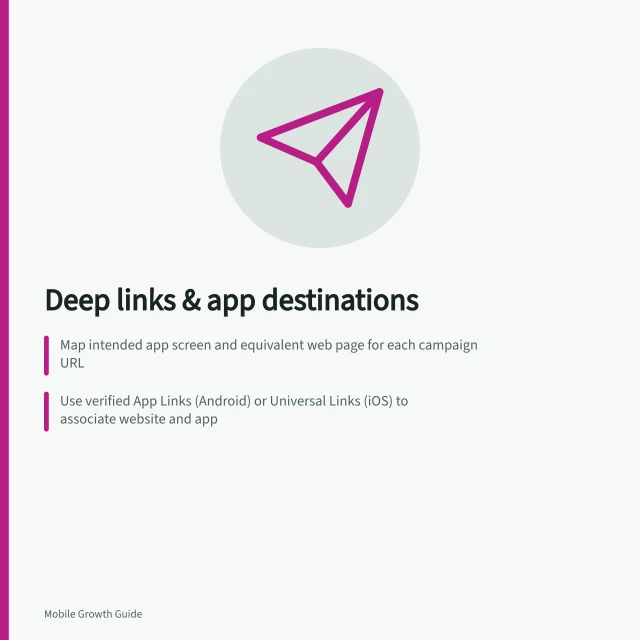 Deep links & app destinations: Map intended app screen and equivalent web page for each campaign URL; Use verified App Links (Android) or Universal Links (iOS) to associate website and app; Test journeys across devices, app states and real ad placements. Deep links and app destinations