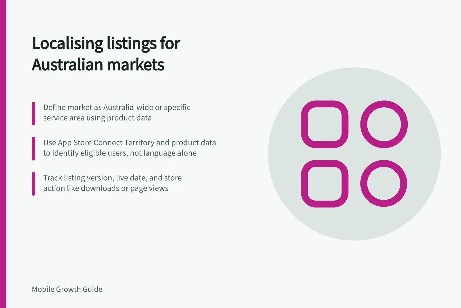 Localising listings for Australian markets: Define market as Australia-wide or specific service area using product data; Use App Store Connect Territory and product data to identify eligible users, not language alone; Track listing version, live date, and store action like downloads or page views