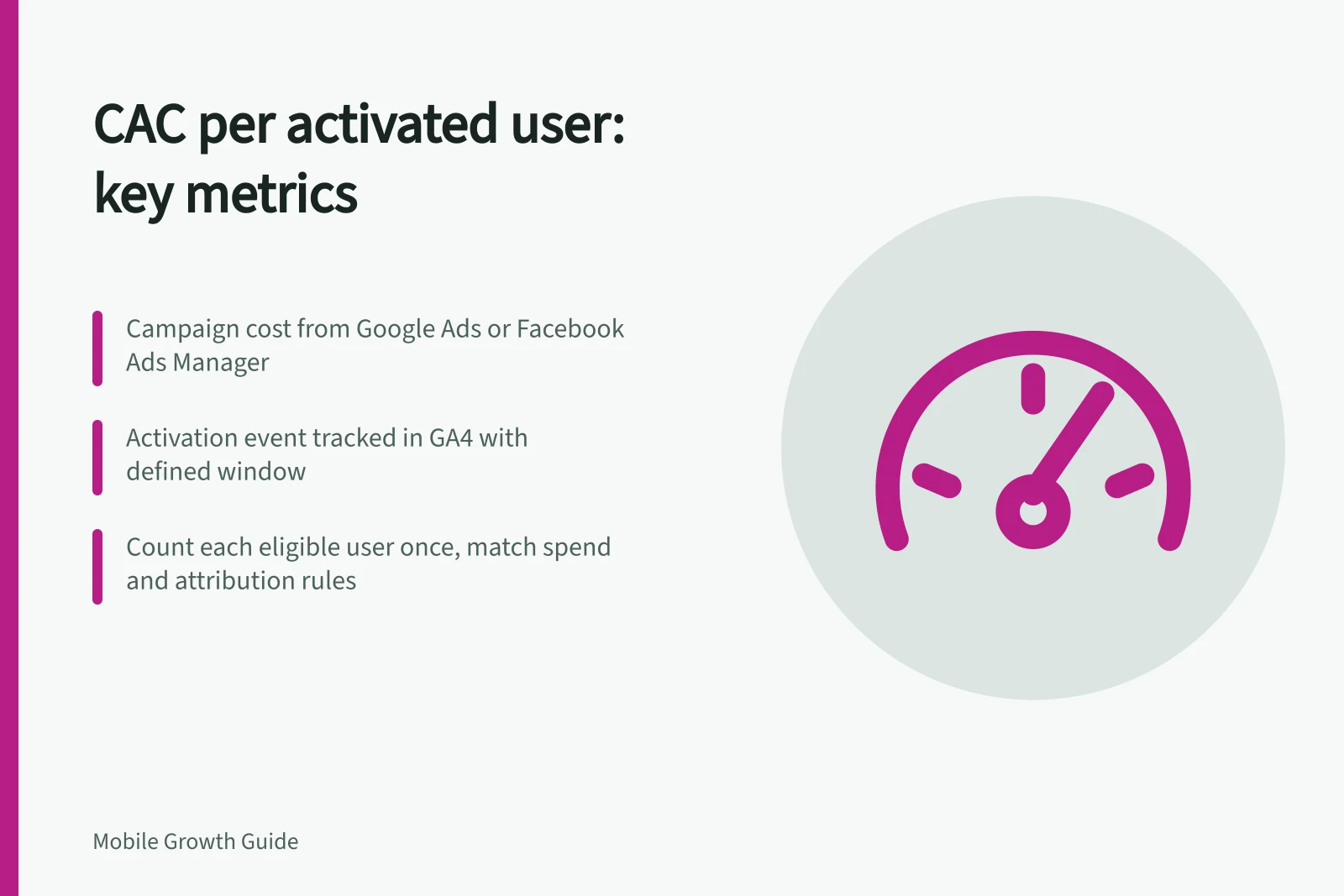 CAC per activated user: key metrics: Campaign cost from Google Ads or Facebook Ads Manager; Activation event tracked in GA4 with defined window; Count each eligible user once, match spend and attribution rules