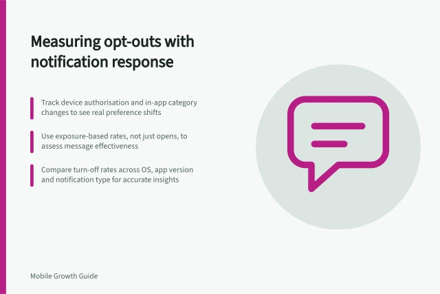 Measuring opt-outs with notification response: Track device authorisation and in-app category changes to see real preference shifts; Use exposure-based rates, not just opens, to assess message effectiveness; Compare turn-off rates across OS, app version and notification type for accurate insights. Measuring opt-outs alongside notification response