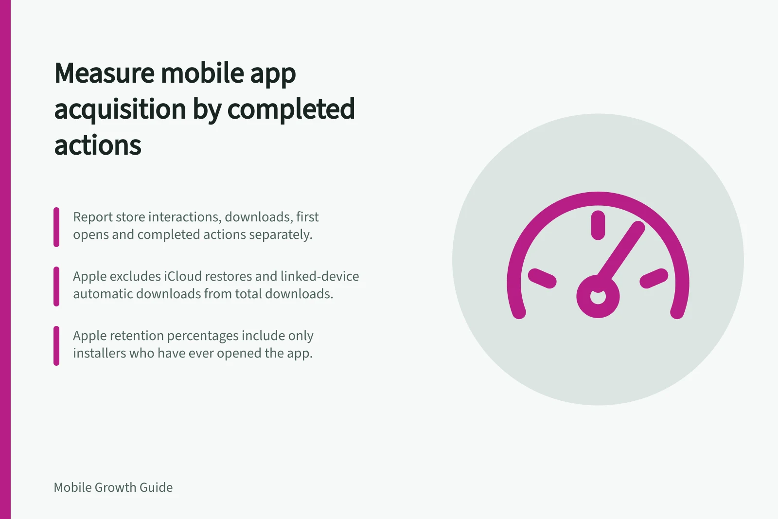 Measure mobile app acquisition by completed actions: Report store interactions, downloads, first opens and completed actions separately.; Apple excludes iCloud restores and linked-device automatic downloads from total downloads.; Apple retention percentages include only installers who have ever opened the app.