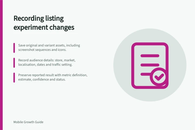 Recording listing experiment changes: Save original and variant assets, including screenshot sequences and icons.; Record audience details: store, market, localisation, dates and traffic setting.; Preserve reported result with metric definition, estimate, confidence and status. Recording what a listing experiment changed