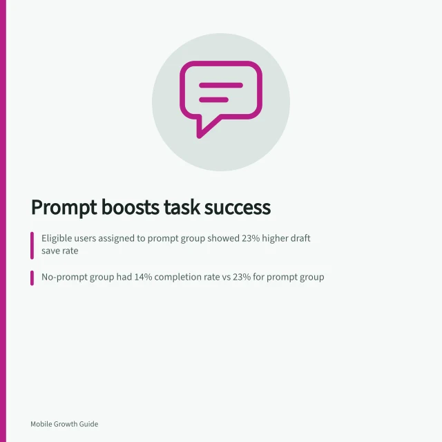 Prompt boosts task success: Eligible users assigned to prompt group showed 23% higher draft save rate; No-prompt group had 14% completion rate vs 23% for prompt group; Experiment used Firebase A/B Testing with consistent app installation assignment. Testing whether an in-app prompt improves task success